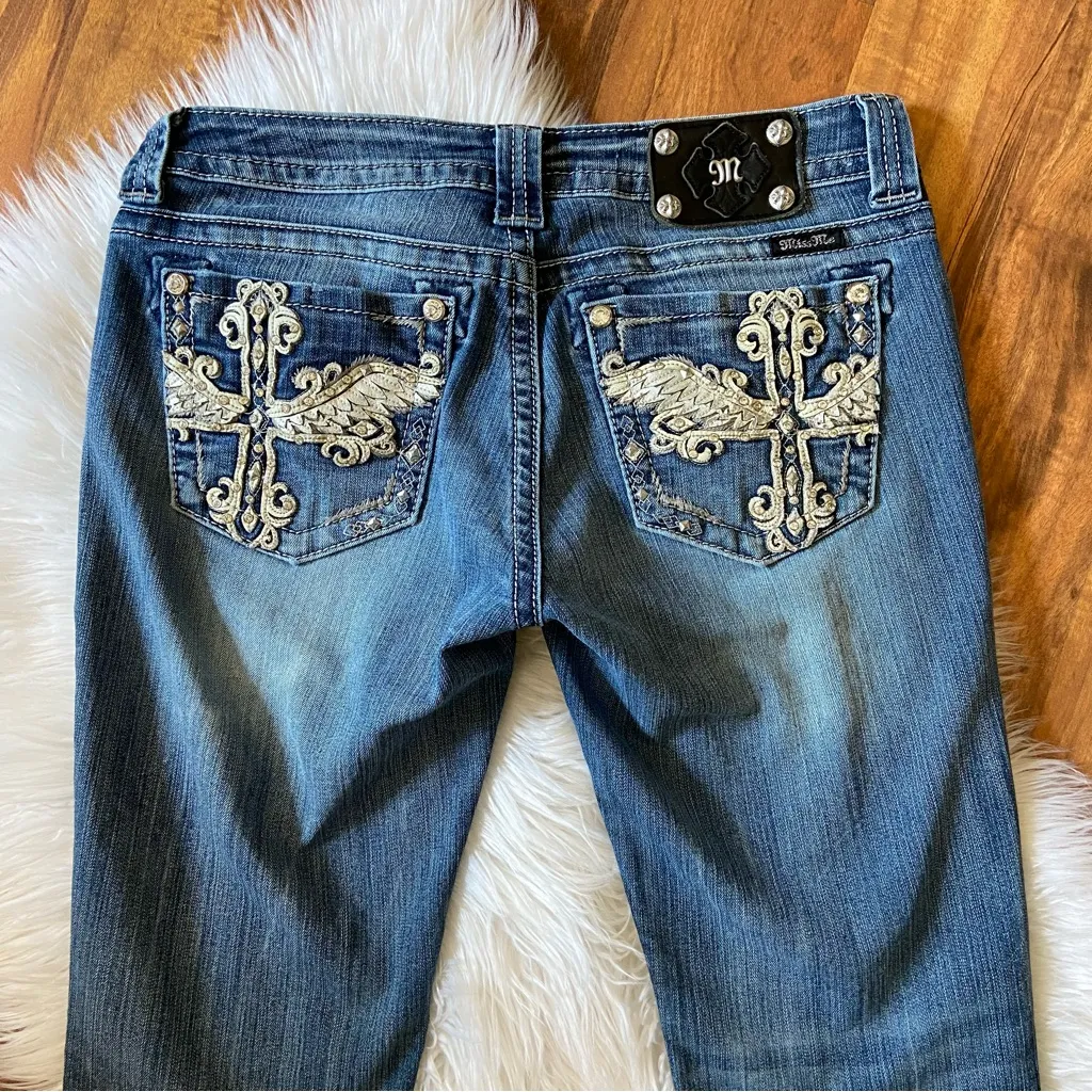 Y2k Miss Me Embellished Angel Wings Cross Pockets Low Rise Boot Cut Jeans - Image 2