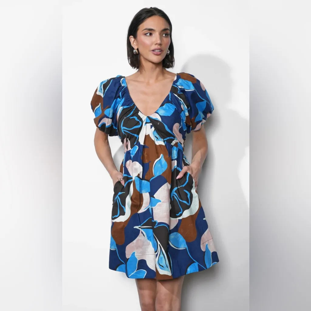 Greylin Fannie Plunge Neck Gathered Cotton Mini Dress Navy Multi NWT - Image 3