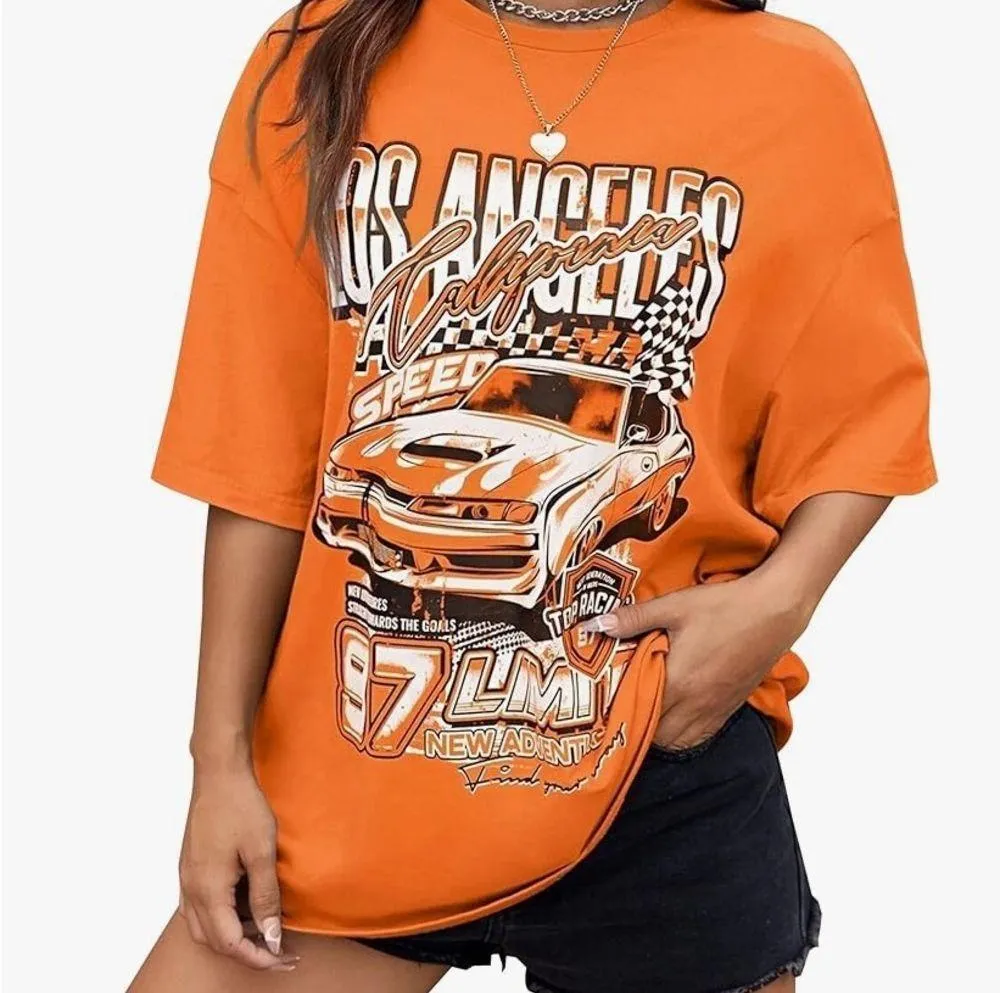 Meladyan Women Los Angeles Letter Racing Graphic Print Vintage TShirt Oversized Size L - Image 2