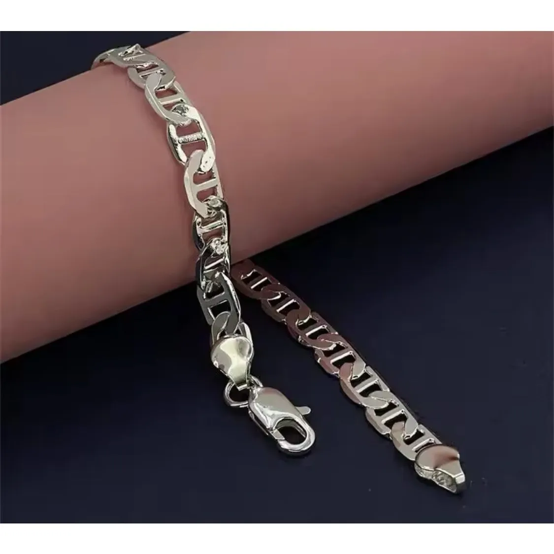Unisex White Gold Plated 925 Sterling Silver Flat Chain Mariner Link Bracelet 8” - Image 6