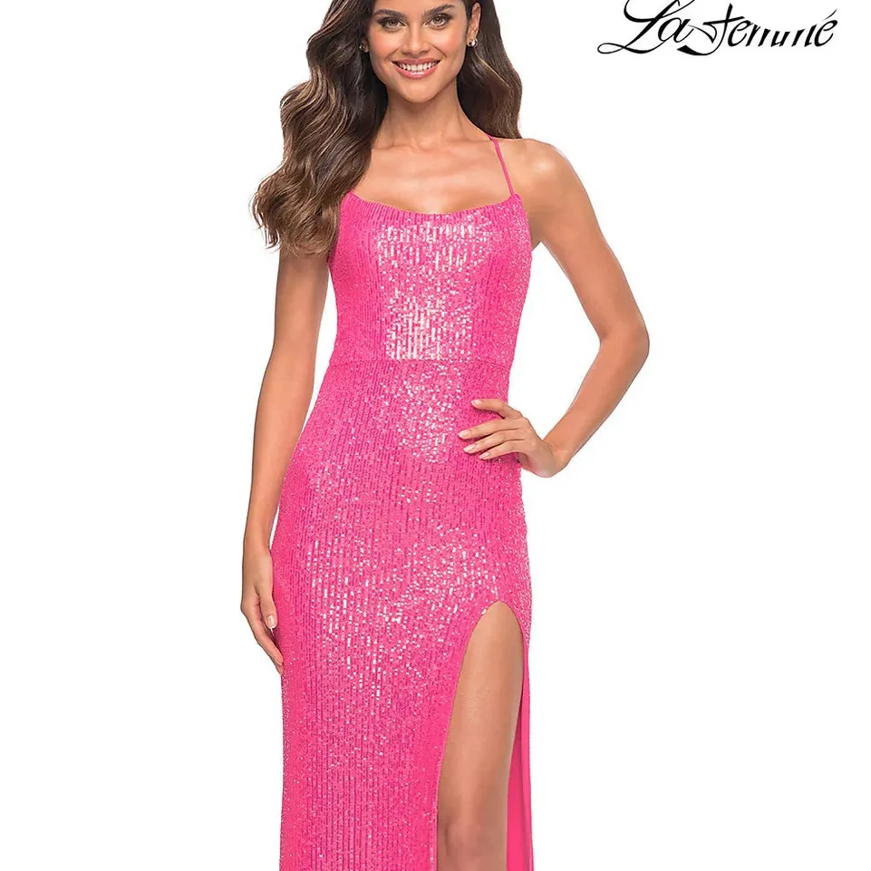 NWT La Femme Long Sequin Dress in Hot Pink w‎ Plunging Back Sz 8 $378 - Image 3