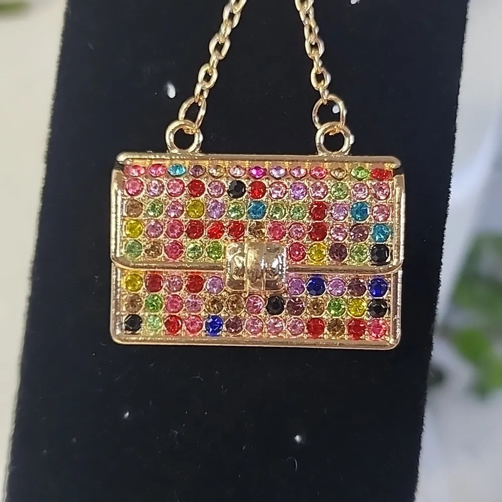 Gold with Multi Color Crystals Purse Charm Keychain New - Image 3