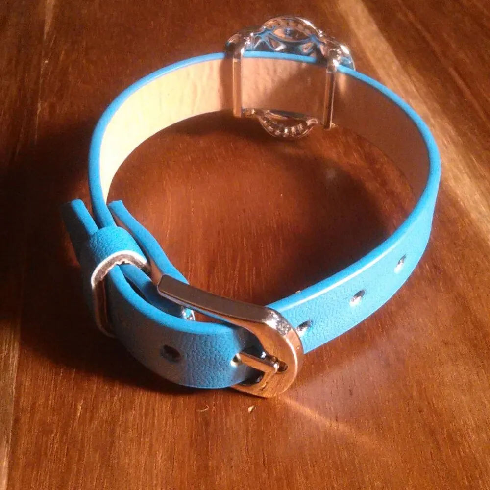 Sky Blue Crystal and White Austrian Crystal Faux Leather Bracelet - Image 2