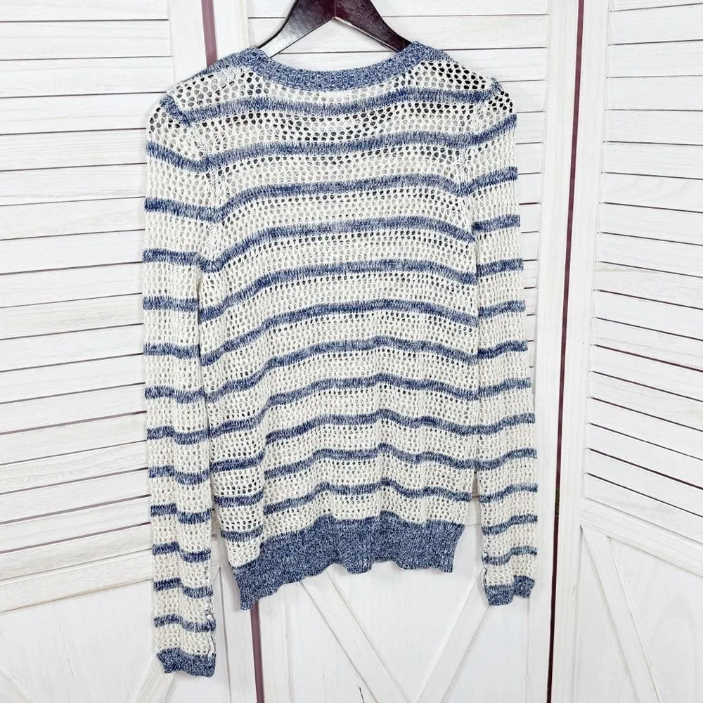 Xhilaration‎ Striped Open Weave Mesh Sweater Blue Cream Medium - Image 8