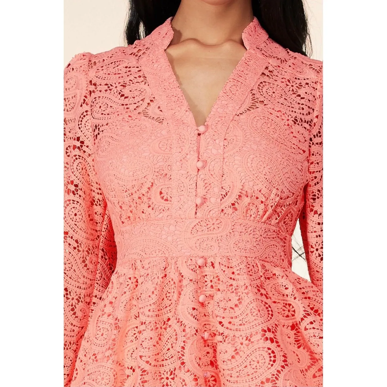 L'ATISTE BY AMY‎ Coral Lace Mini Dress Long Sleeve Button Front Party - Image 8