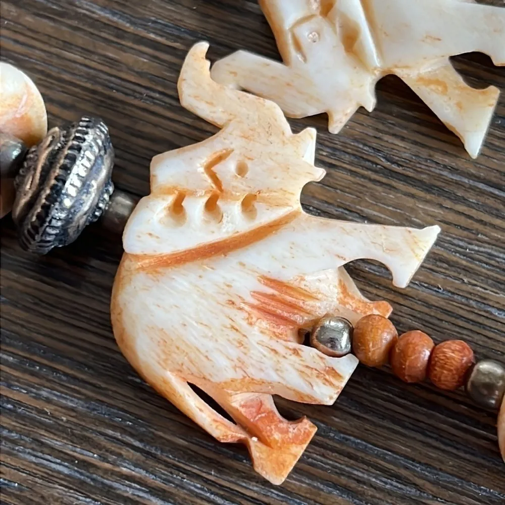 Hand Crafted authentic carved bone beads necklace with agathe & elephant Tan - Image 9