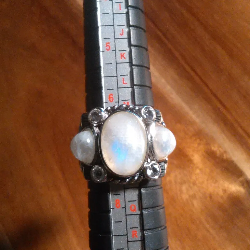 White Rainbow Moonstone Three Stone Sterling Silver Ring (Size 7) - Image 4
