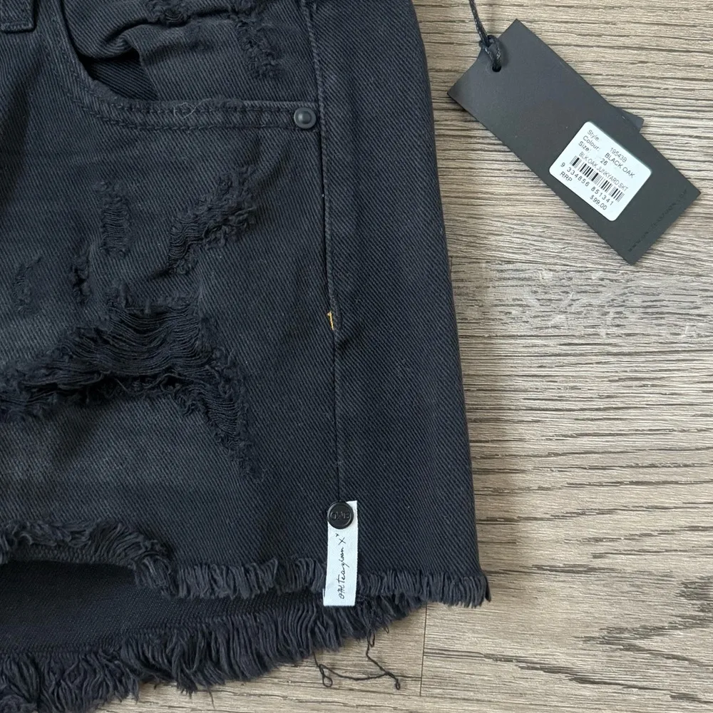 One Teaspoon Junkyard Distressed‎ Mini Jean Skirt Black Size 26 Raw Hem NWT - Image 9