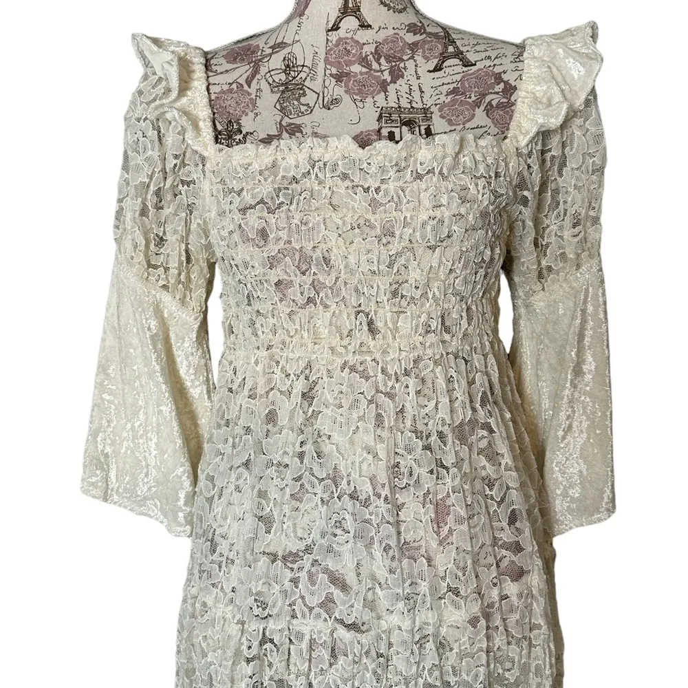 Vintage Empire Waist Lace Tiered Dress Ruffle Flare Sleeve Boho Size Small - Image 2