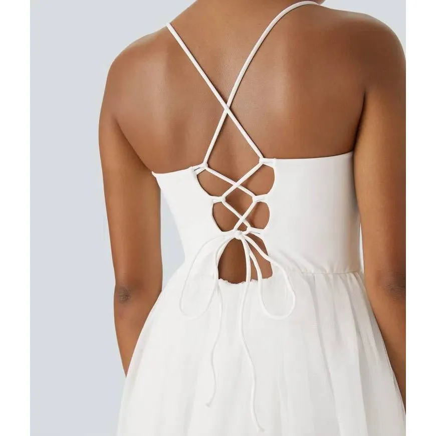 NWT Halara V Neck Ruched Lace Up Contrast Mesh Midi Casual Dress L White - Image 3