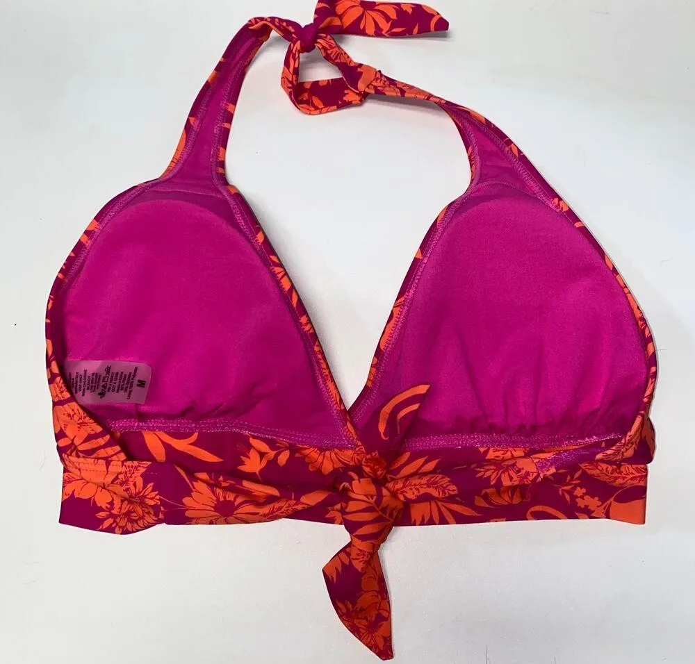 Surf Style Pink Coral Floral Halter Bikini Swim Bathing Suit Top Women's Medium - Image 5