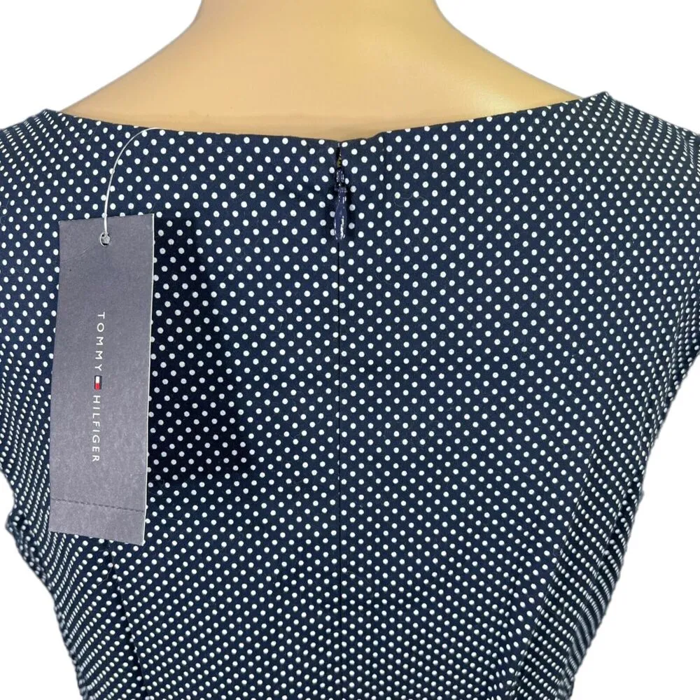 Tommy Hilfiger Womens Sheath Dress Polka Dot Sleeveless Tie Belted Navy Blue - Image 9