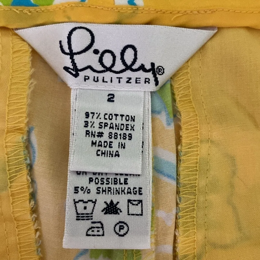 Lilly Pulitzer Cropped Pants Yellow Blue Monkey Boat Floral Flowers Stretch 2 - Image 5