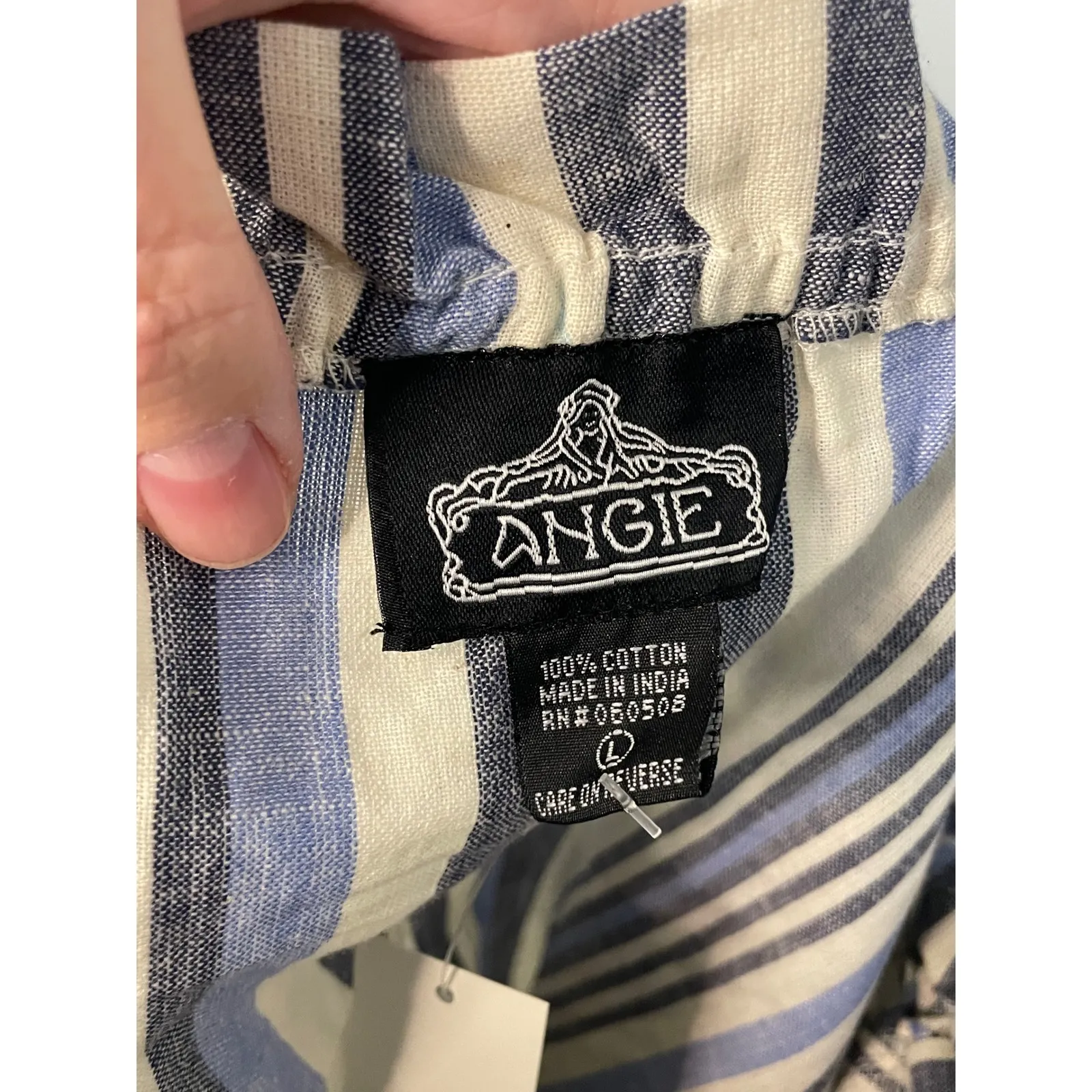 NWT ANGIE Blue White Stripe Off Shoulder Tie Shoulder‎ Top Women's Size L - Image 6