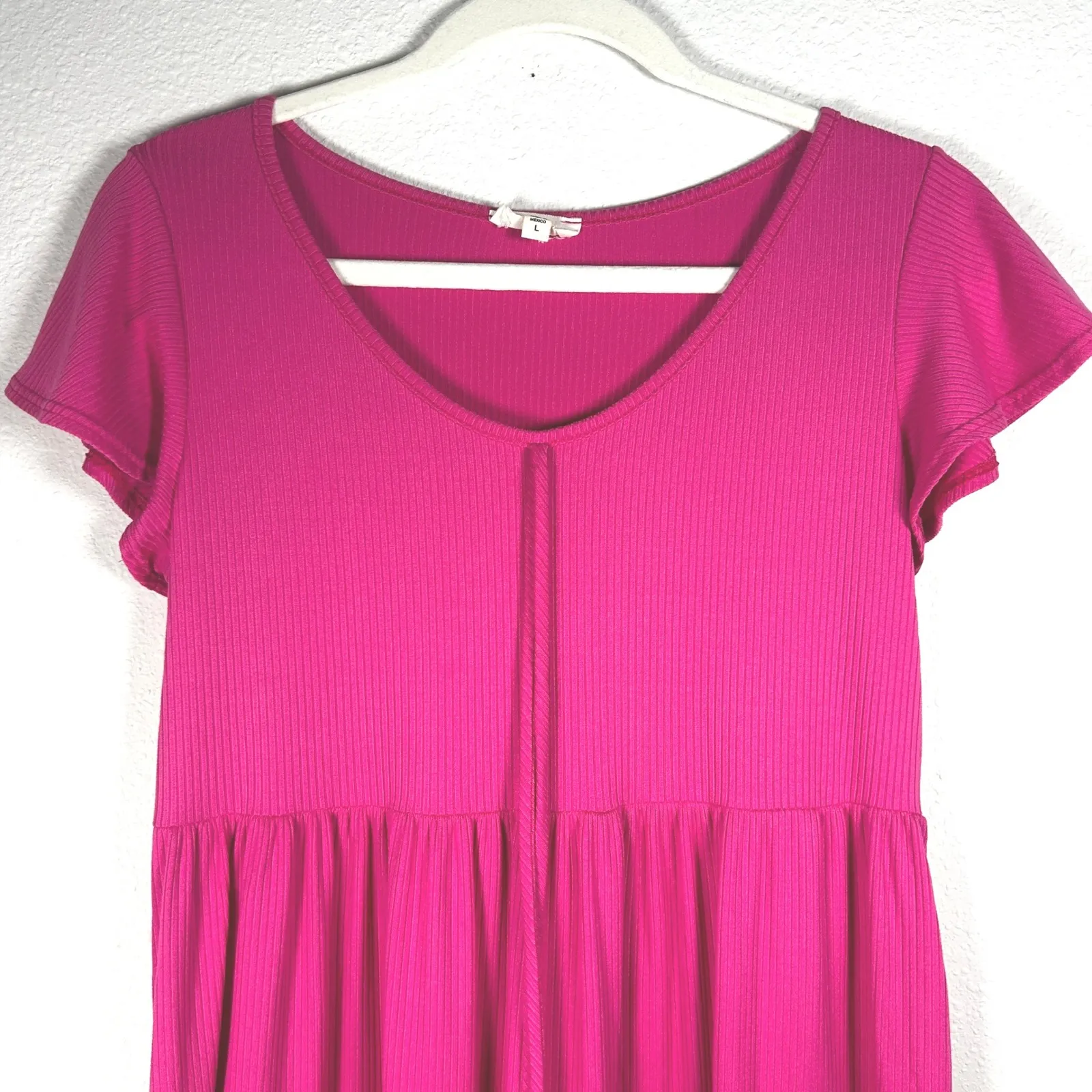 See You Monday Pink Ribbed Tiered Midi Dress Short Sleeve‎ Casual Cute Large - Image 3