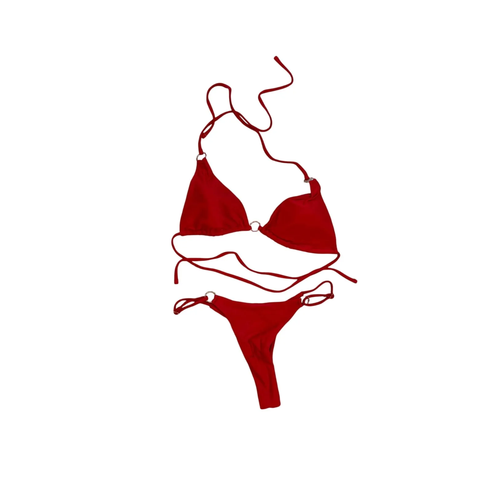 Red Bikini Set Medium String Tie Triangle Swimsuit Ring Detail Sexy Beachwear - Image 7