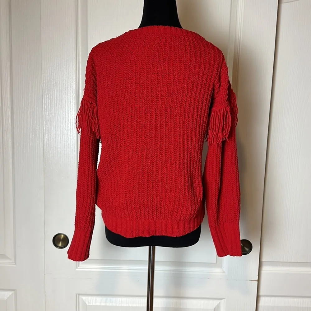 RED CABLE KNIT CHENILLE FRINGE PULLOVER SWEATER - Image 2