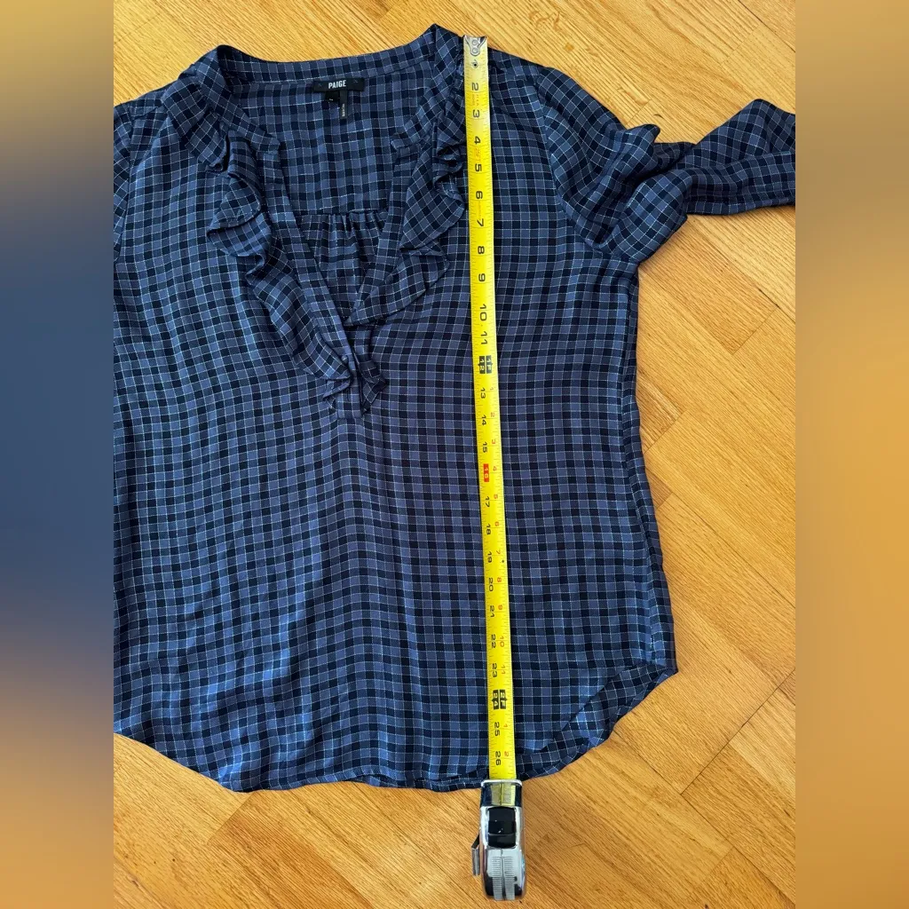 PAIGE Women’s Amalfi Blouse Mettalic Navy Black Plaid Ruffle Long Sleeve Top M - Image 9