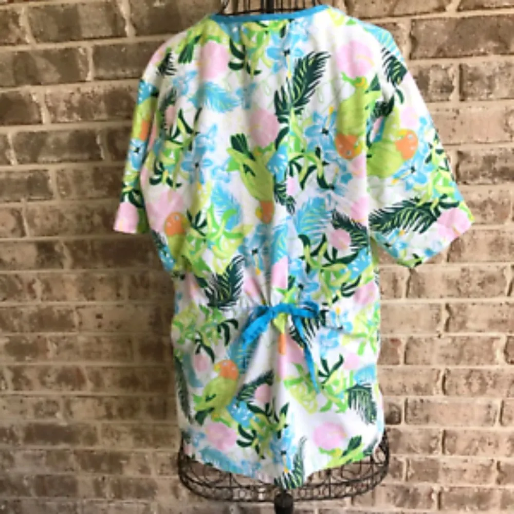 Parrot Themed Scrub Top Large Retro Rare Pattern Cinch Waist Tropical Gr… Orange - Image 8