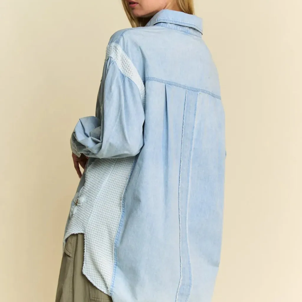 Davi & Dani  Lightweight Washed Daisy Patch Waffle Knit Shirt - Image 6