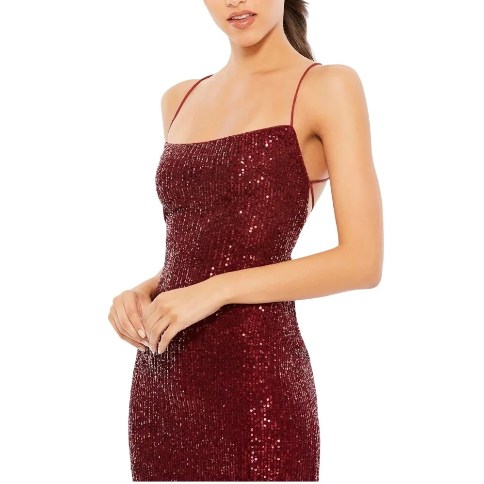 Ieena Mac Duggal Sequin Tie Back Midi Dress Strappy Lace Up Wine Size‎ 2 NWT - Image 3