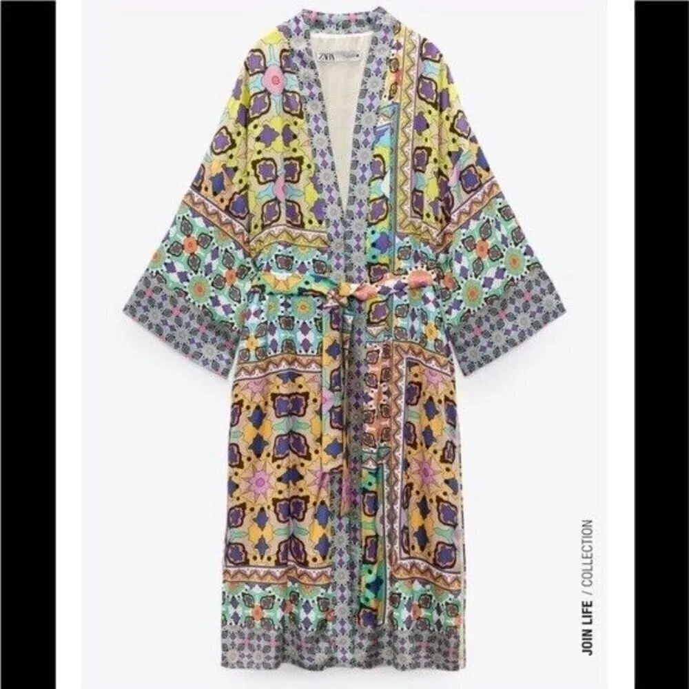 ZARA Boho Print Satin Belted Kimono Robe Dress Size M NEW - Image 12