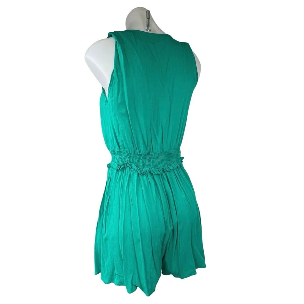 Zara Green Sleeveless Button V-neck Smocked Pleated Wide Leg Romper Jumpsuit XS - Image 3