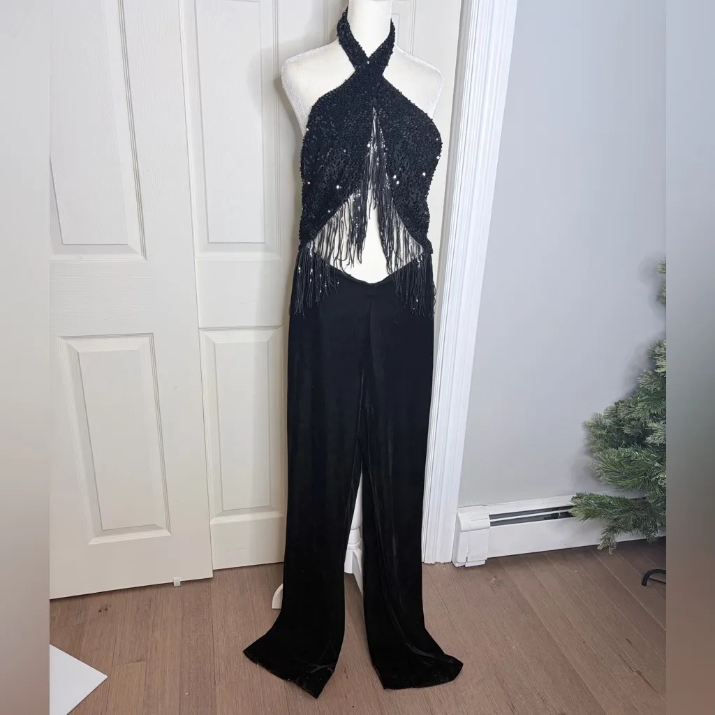 Zara blogger favorite velvet fringe sequence halter Black Women's Jumpsuit - Image 5
