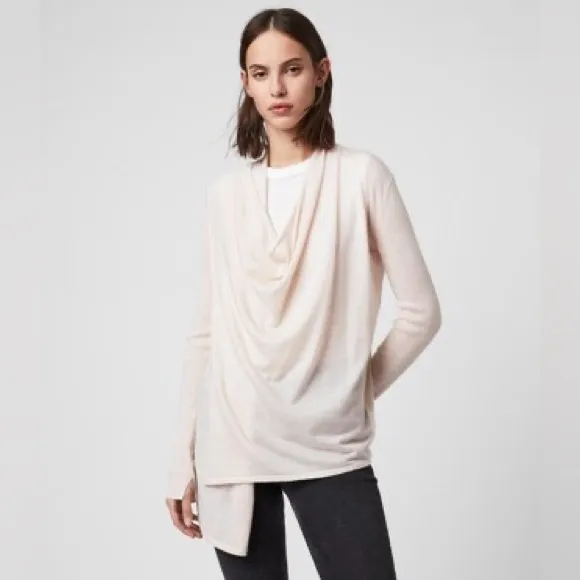 AllSaints Drina Ribbed Asymmetrical Zipper Shoulder Merino Wool Cardigan. - Image 5