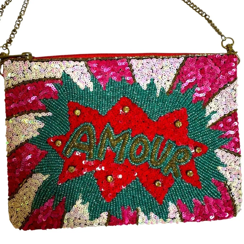 MOD Magenta Pink & Green AMOUR Beaded Sequined Shoulder Bag Clutch Lovely Mary - Image 3