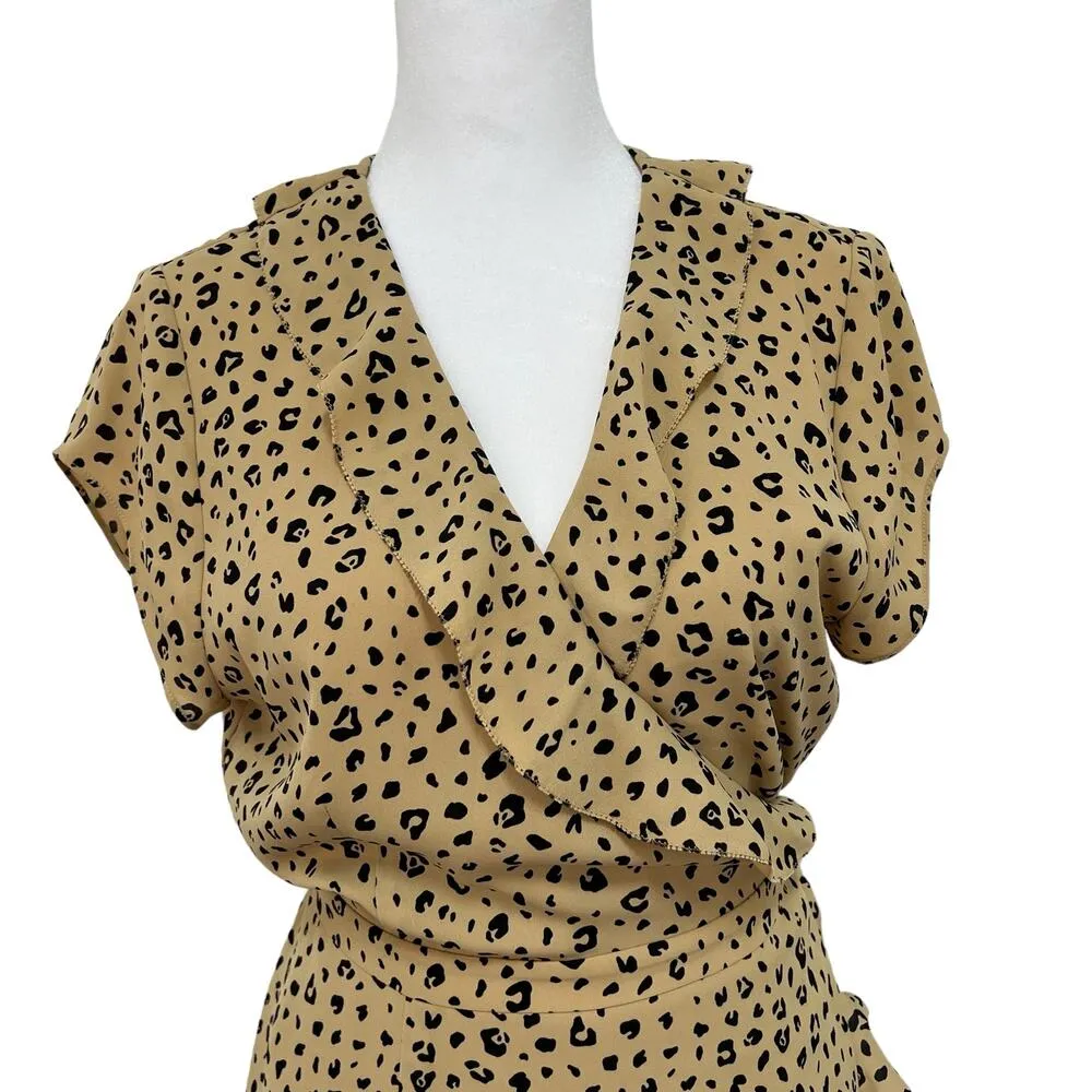 Aritzia Sunday Best Size 6 Savoy Wrap Dress Leopard Print Tan Black Ruffle Flowy - Image 3