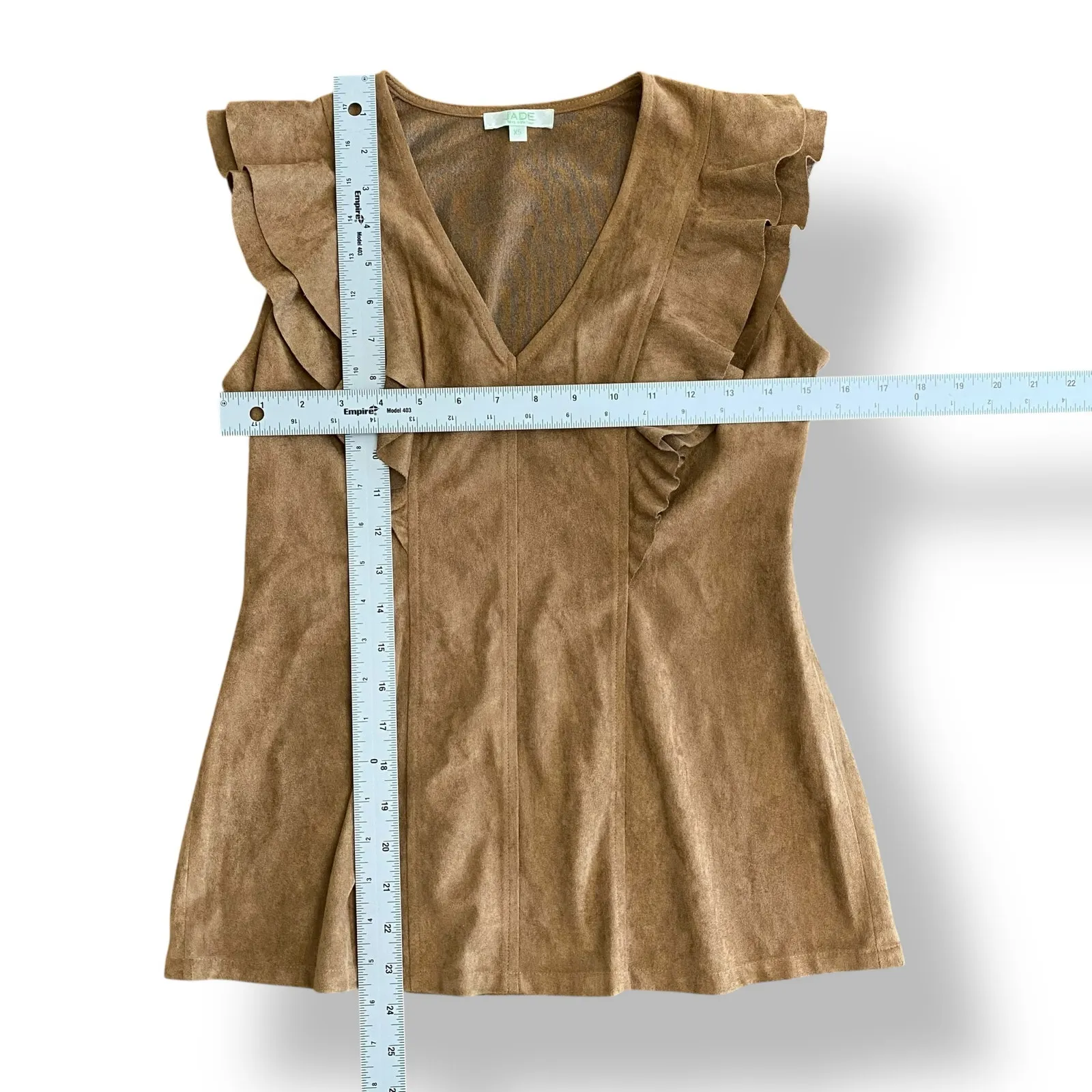 Jade by Melody Tam XS Faux Suede Tan Ruffle‎ Sleeve V - Image 3