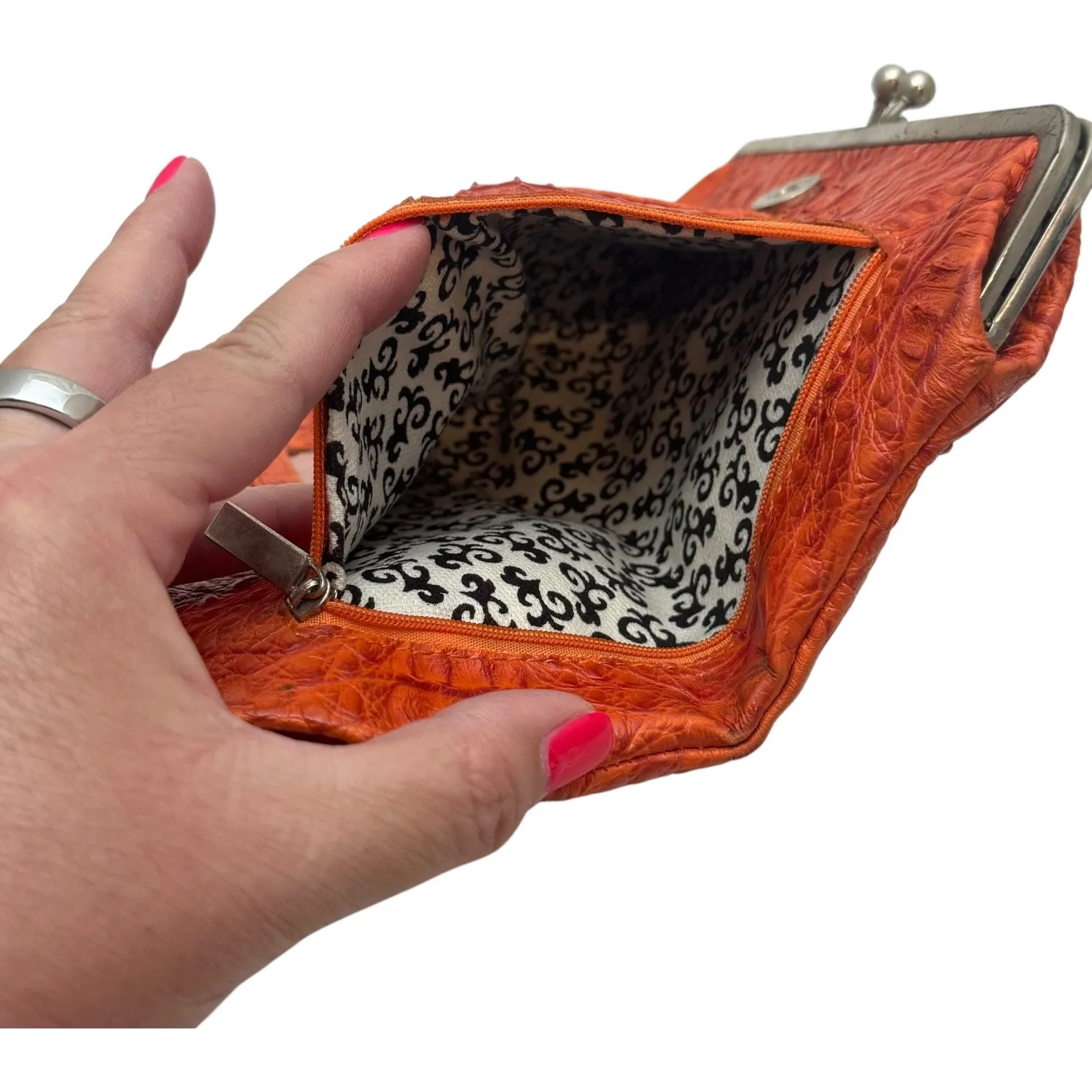 Vintage Kiss Lock Clutch Wallet Faux Leather Crock Embossed Orange - Image 6
