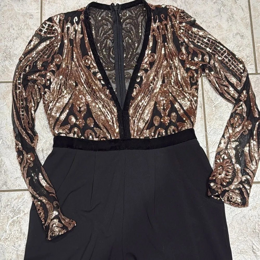 Sequin Gold Black Evening Velvet Lines Jumpsuit UK16/US12 fits like an 8 C46 Black - Image 7