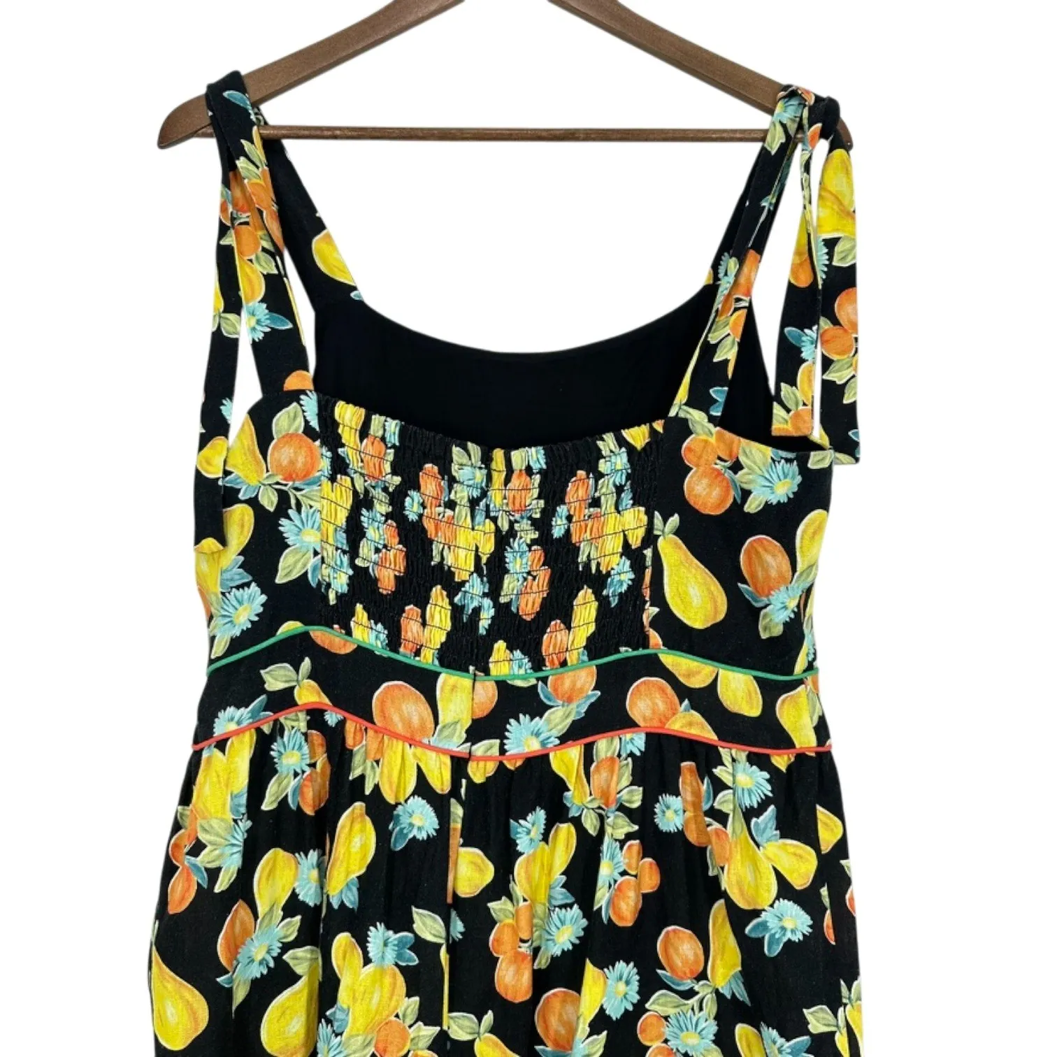 Adeyln Rae Black Fruit Floral Print Tiered Midi Dress Tie Shoulder Smocked NWT - Image 2