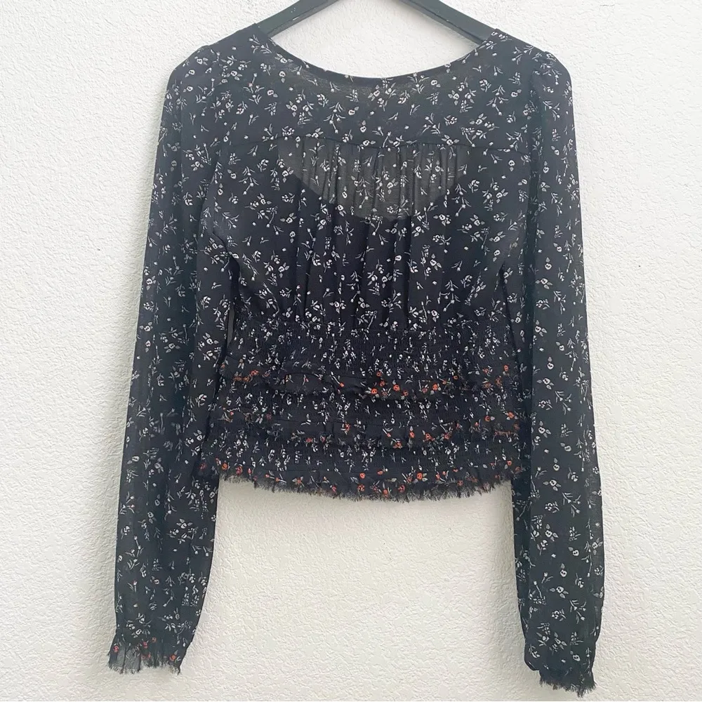 FREE PEOPLE Floral Printed Lolita Long Sleeve Top Black Combo Smocked Size XS - Image 5