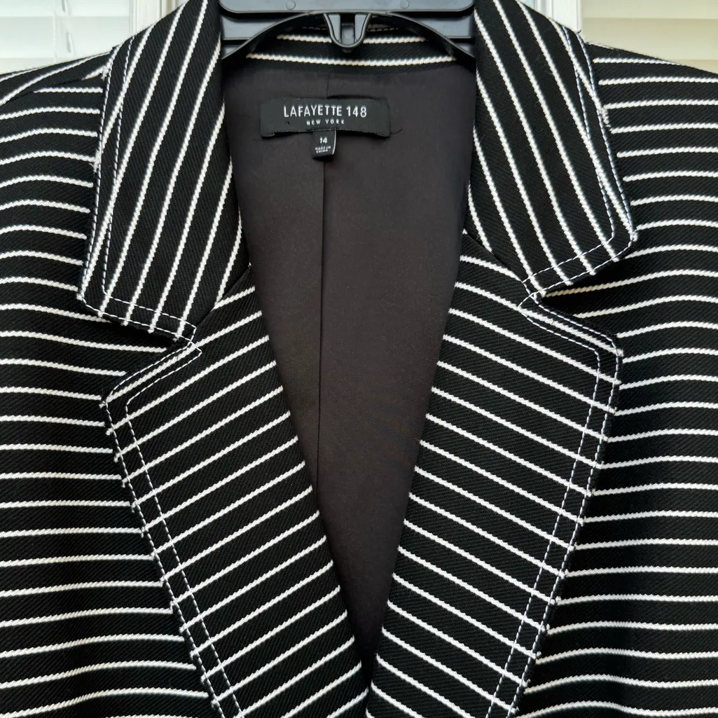 Lafayette 148 Black White Striped Blazer Jacket Size 14 Stretch work office - Image 4
