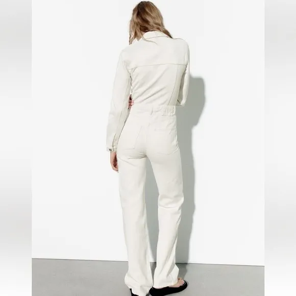 NWT ZARA TRF WIDE-LEG DENIM JUMPSUIT OYSTER WHITE - Image 12
