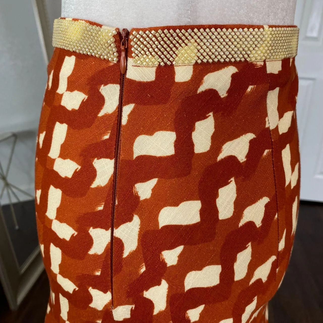 EUC Zara Linen Blend Beaded Maxi Skirt In Terracotta XS Orange Cream Tan - Image 5