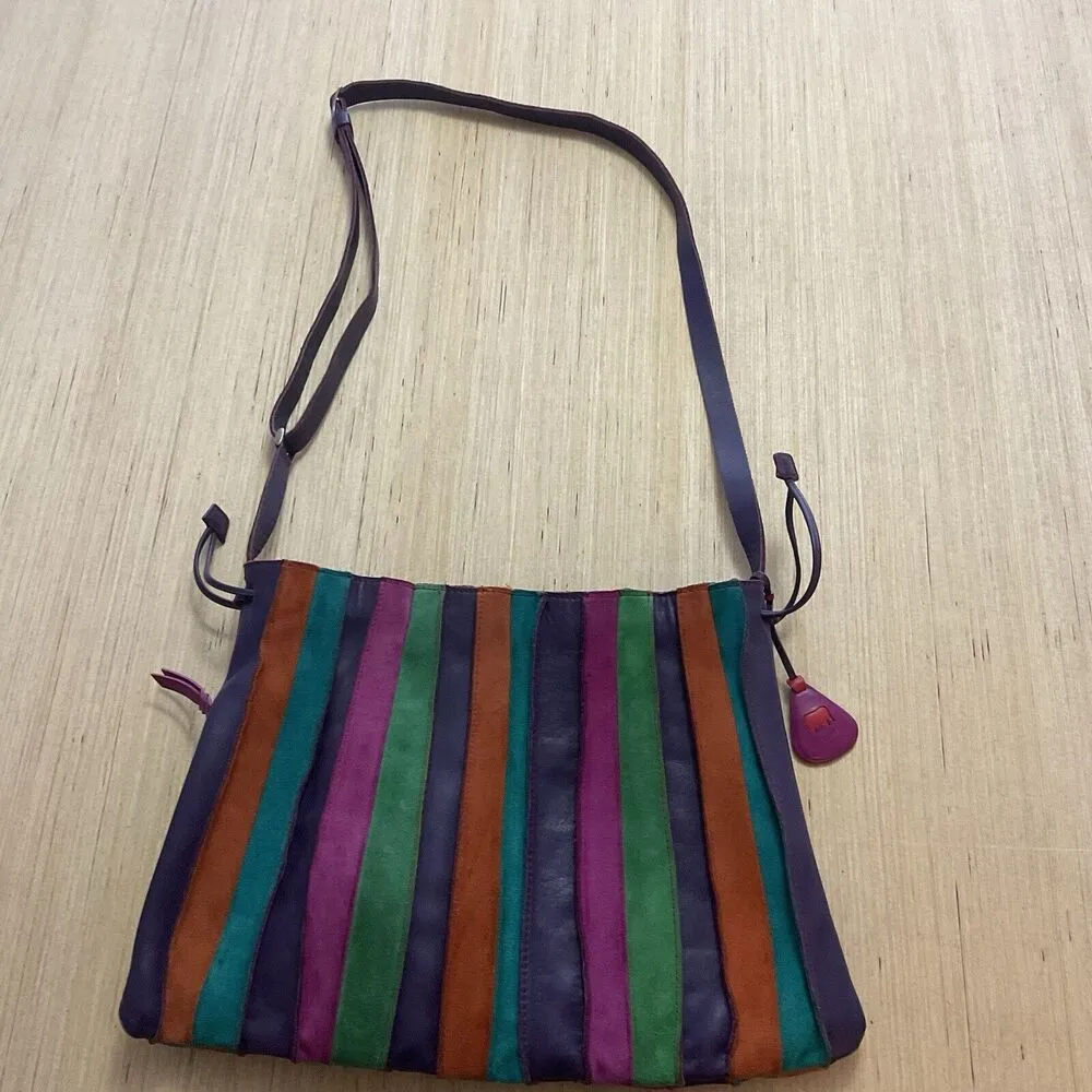 MYWALIT Crossbody Drawstring Stripe Purple Orange Green Leather Suede Purse Bag - Image 9