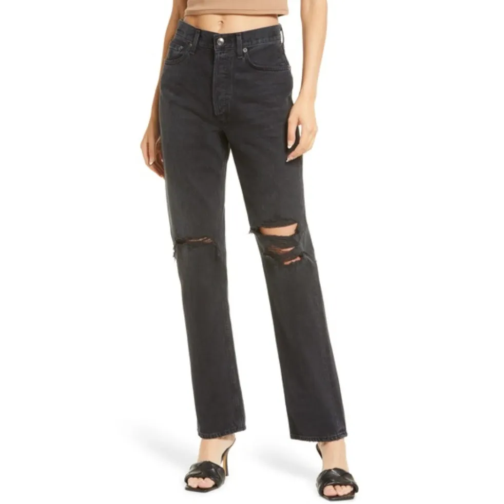 AGOLDE Lana Black Distressed Straight Leg Jeans - Image 4