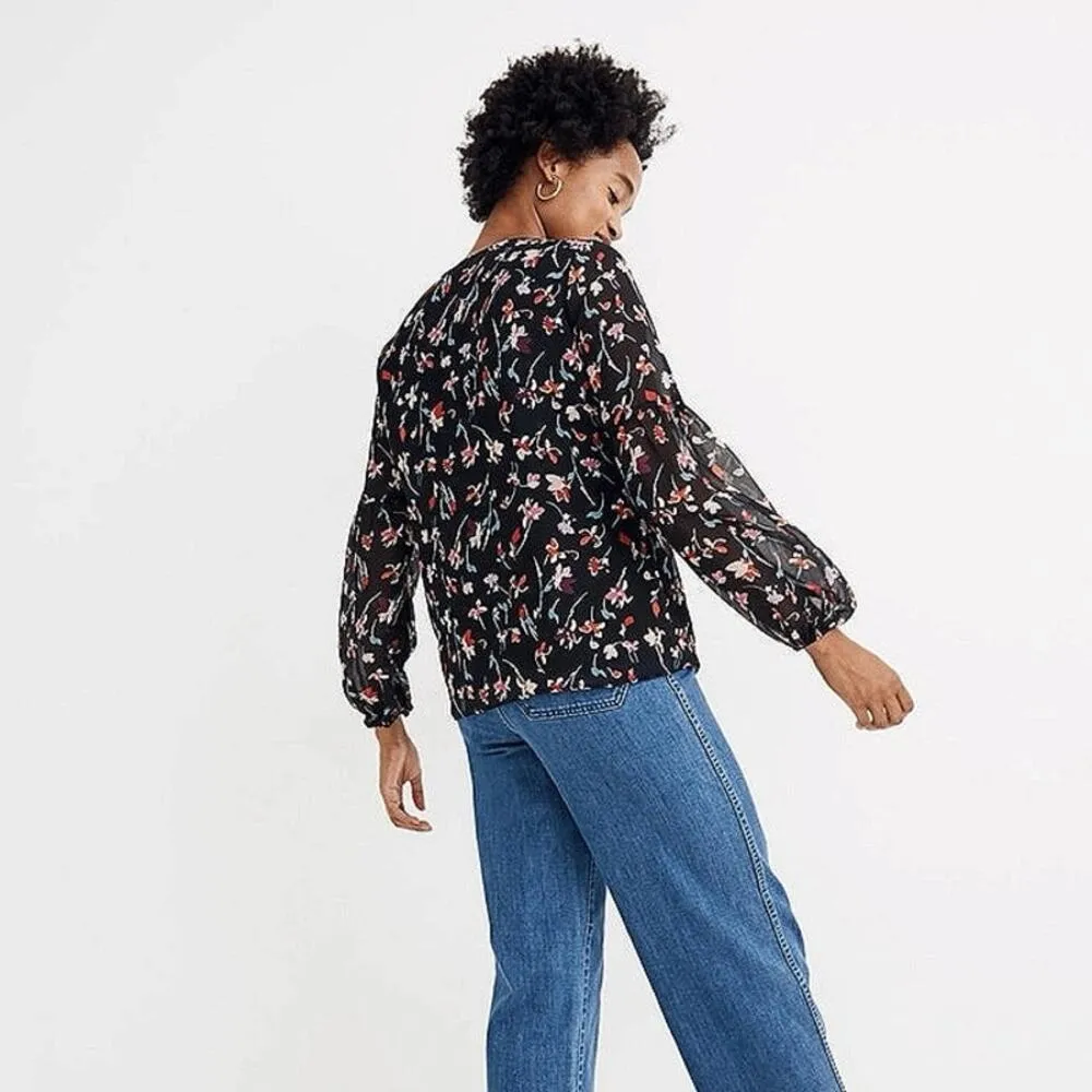 Madewell Drifting Flowers Black Floral Shirred Sleeve V-Neck Blouse Top Size XS - Image 3