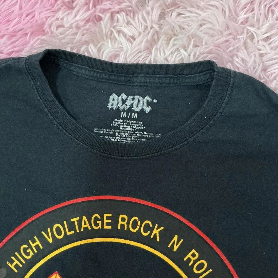 ACDC High Voltage Rock N Roll 1976 Crop Top Bleach Tie Dye Medium M‎ Black - Image 3