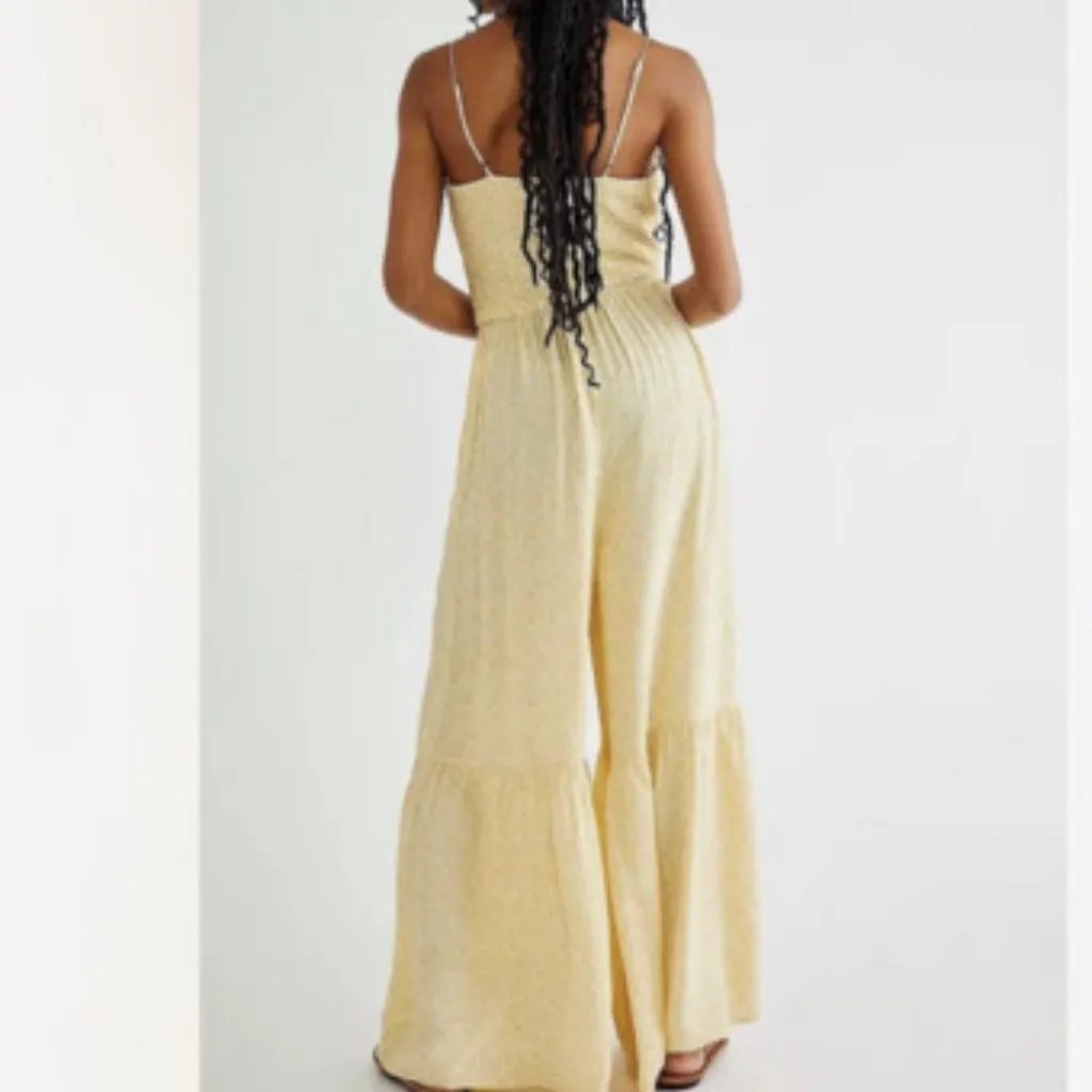 FREE PEOPLE LITTLE OF YOUR LOVE YELLOW WIDE LEG SMOCKED JUMPSUIT MEDIUM - Image 2