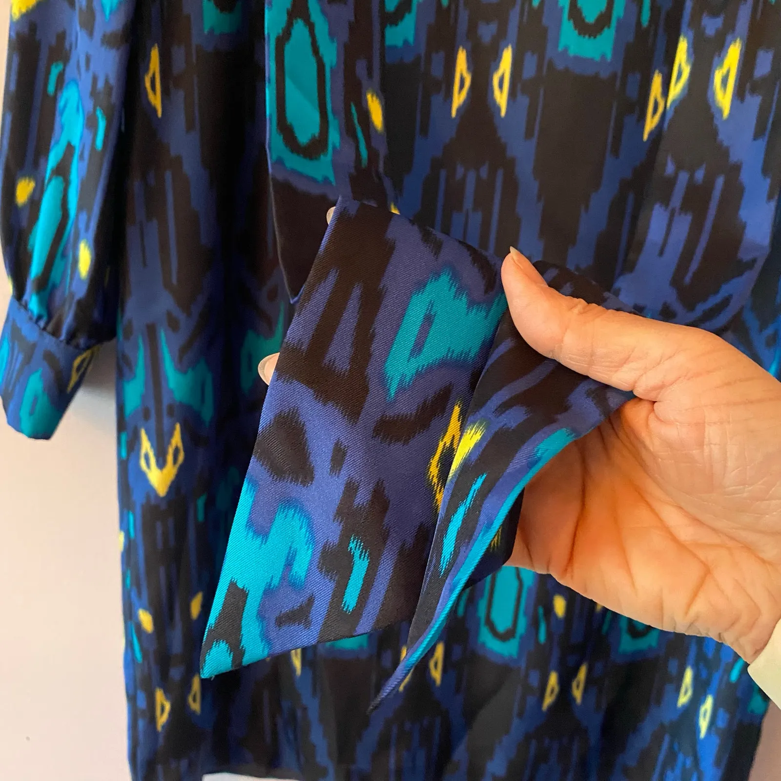 Marie Oliver Blue Silk Abstract Neck Tie Mini Shift Artsy Dress Women's size XS - Image 5