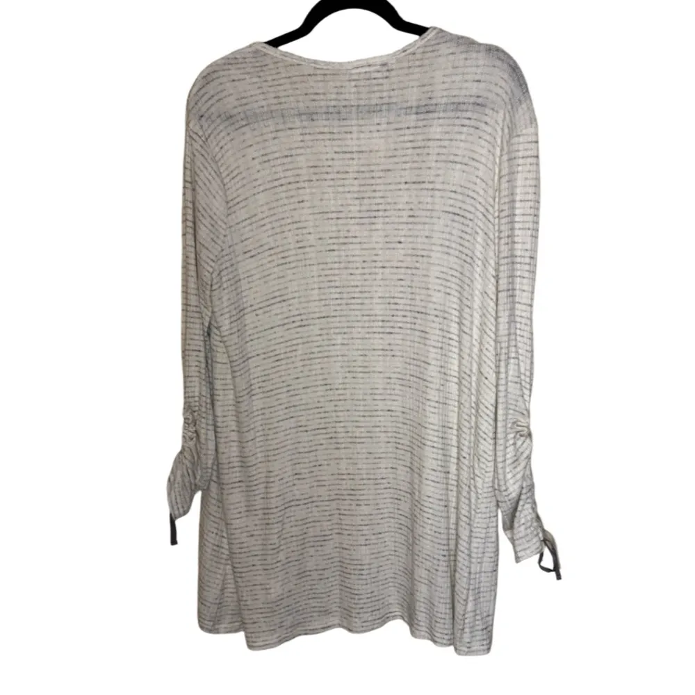 DR2 Open Front Ruched Sleeve Marble Striped Cardigan White Size L - Image 4