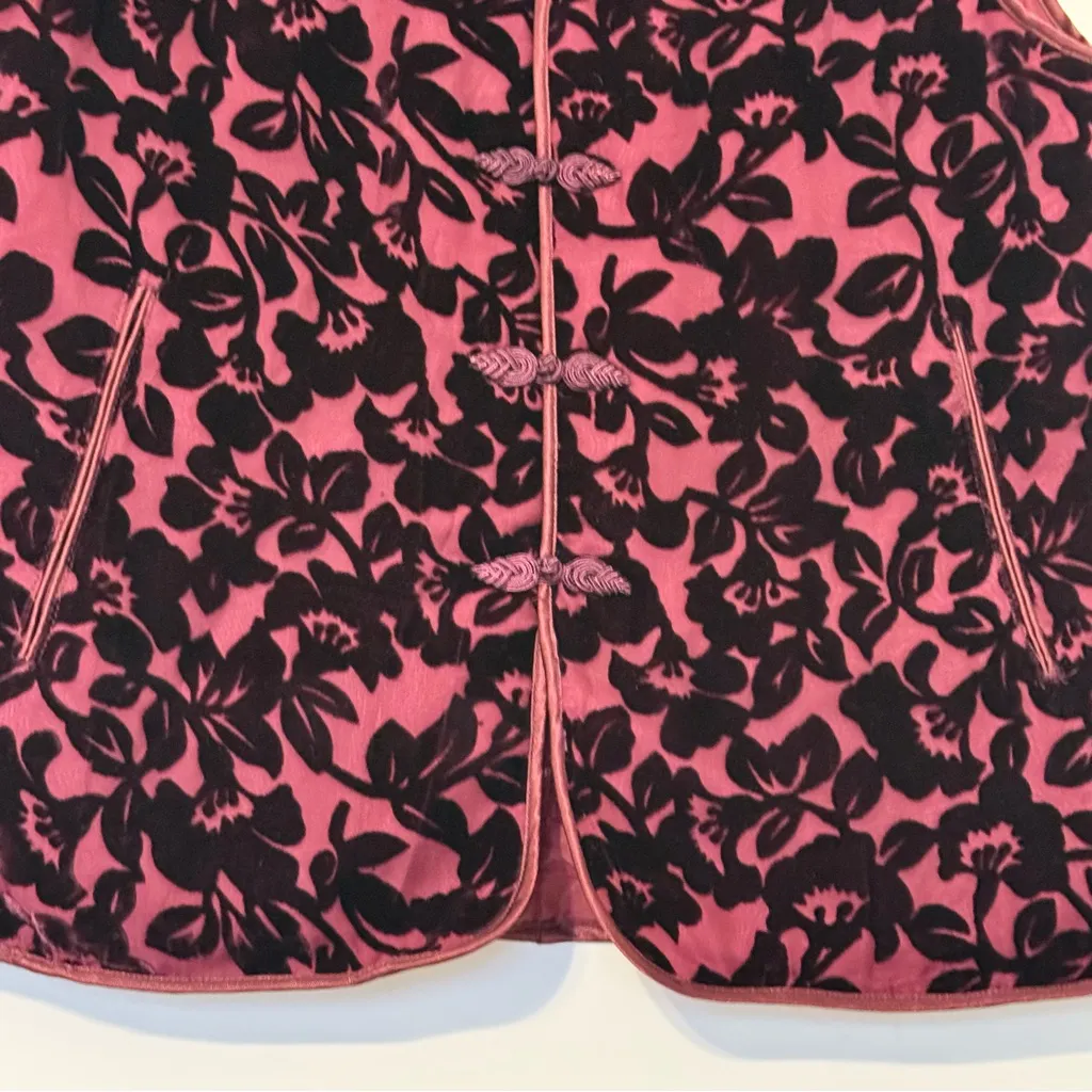 Deluxe 100% Silk Burgundy Floral Vest L New Lily Pattern with Suede - Image 3