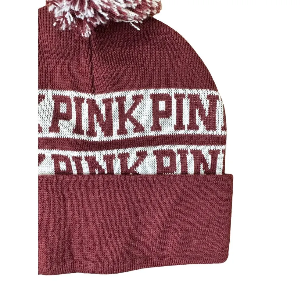 PINK Victoria's Secret Maroon & White Pom-Pom Beanie Hat New - Image 2