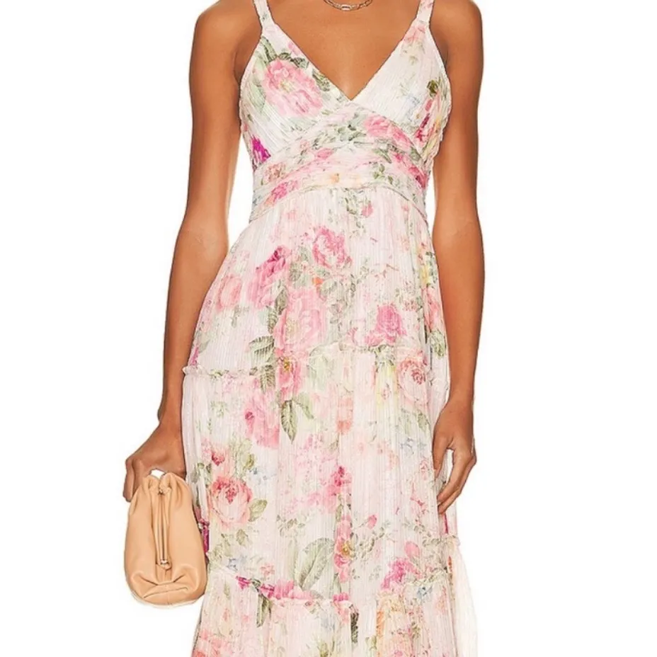 Hemant & Nandita Women’s Anka Pink Floral Peony Tiered White Metallic Midi Dress Size L - Image 3