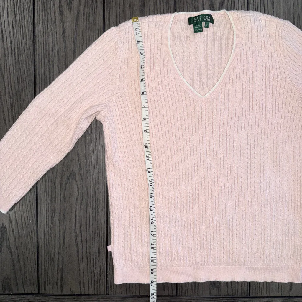 Lauren Ralph Lauren Vintage V Neck Sweater Pink Ribbed Knit Size M Preppy Y2K - Image 6
